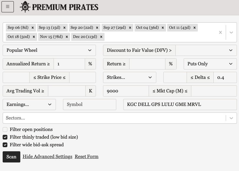 Premium Pirates has the best wheel strategy screener