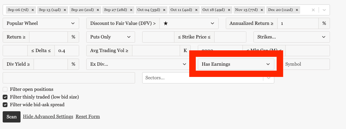 Wheel Screener with Upcoming Earnings