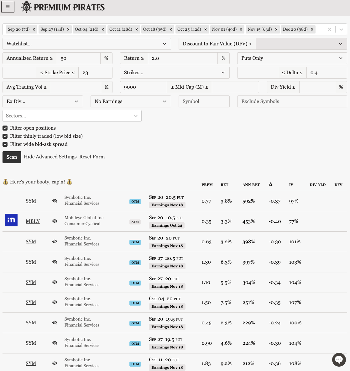 Results from the wheel screener without stocks hidden