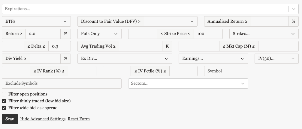 ETF Wheel Strategy Screener Settings